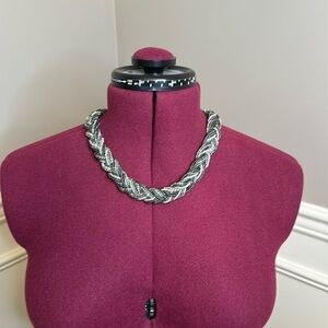 Black and gray braided beaded statement necklace